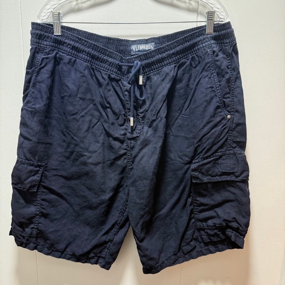 Vilebrequin Mens 100% Linen Cargo Shorts Navy Blue Elastic Waist Size XXL